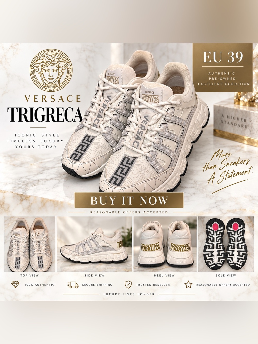 Versace Trigreca White Designer Sneakers EU 39 Authentic w/ Box & Dust Bag